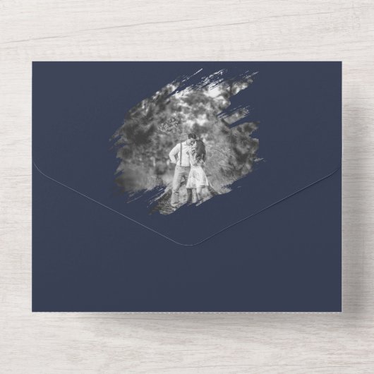 Modern Brushstroke Photo Wedding | Navy Blue All In One Einladung (Rückseite)