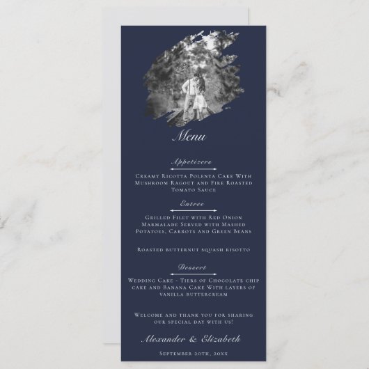 Modern Brushstroke Photo Wedding | Navy Blue Menükarte (Vorne/Hinten)