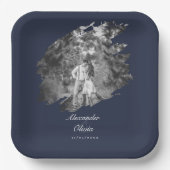 Modern Brushstroke Photo Wedding | Navy Blue Pappteller (Vorderseite)