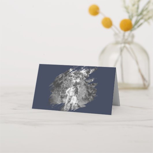 Modern Brushstroke Photo Wedding | Navy Blue Platzkarte (Rückseite)