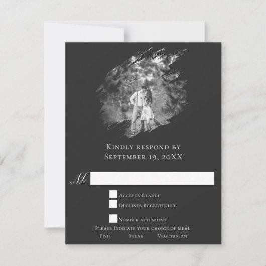 Modern Brushstroke Photo Wedding | Soft Black RSVP Karte (Vorderseite)