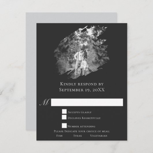 Modern Brushstroke Photo Wedding | Soft Black RSVP Karte (Vorne/Hinten)