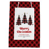 Modern buffalo plaid Christmas tree gift bag name Mittlere Geschenktüte (Rückseite)