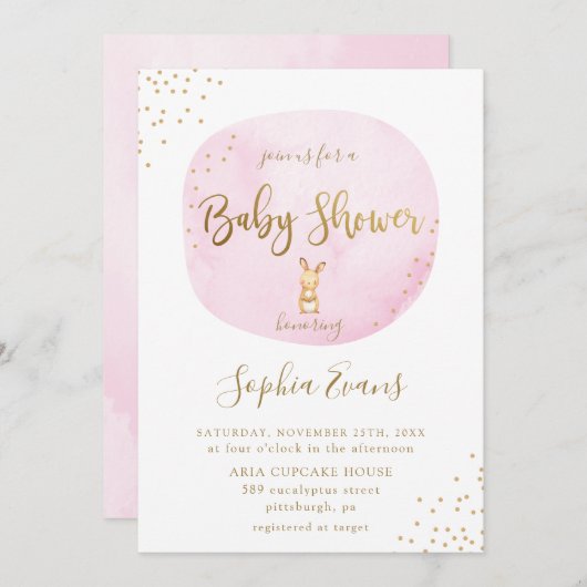Modern Bunny Typografie Baby Dusche Chic Pink Gold Einladung (Vorne/Hinten)