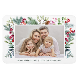 Modern Buon Natale Watercolor Holly Berry Foto Magnet