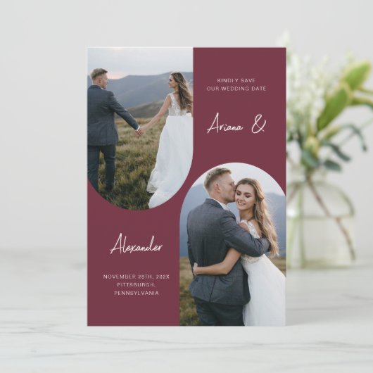Modern Burgund Foto Arch Wedg Save The Date (Stehend Vorderseite)