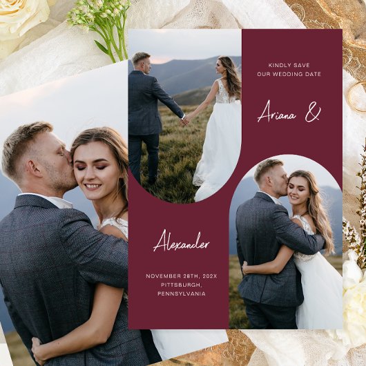 Modern Burgund Foto Arch Wedg Save The Date
