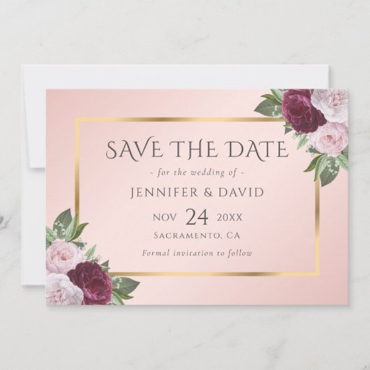 Modern Burgund Gold Blush Pink Floral Save The Date (Vorderseite)