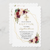 Modern Burgund Marsala Floral Gold Cross Taufe Einladung (Vorne/Hinten)