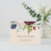 Modern Burgund Navy Blush Floral Save the Date Po Postkarte (Stehend Vorderseite)