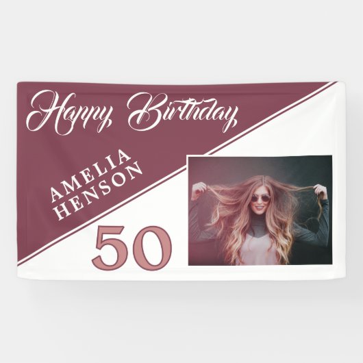 Modern Burgund Red Happy Birthday Foto Banner (Horizontal)