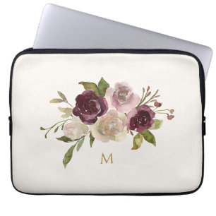 Modern Burgund-Rosa Florales Wasserfarben-Monogram Laptopschutzhülle