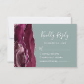 Modern Burgund Silver Agate Sage Green Wedding RSVP Karte (Vorderseite)