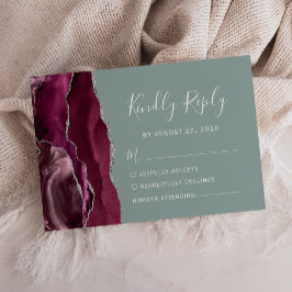 Modern Burgund Silver Agate Sage Green Wedding RSVP Karte