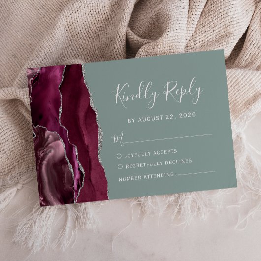 Modern Burgund Silver Agate Sage Green Wedding RSVP Karte