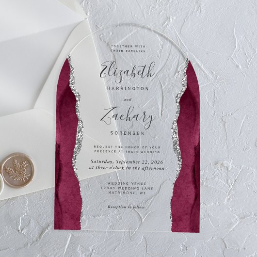Modern Burgund Silver Agate Wedding Arch Acryleinladungen
