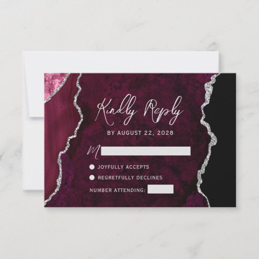 Modern Burgundy Agate Silver Script Wedding RSVP Karte (Vorderseite)