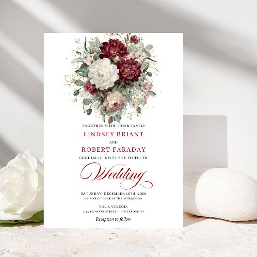 Modern Burgundy and White Flowers Wedding Invite Einladung