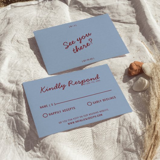 Modern Burgundy Blue Whimsical Unique Wedding RSVP Karte