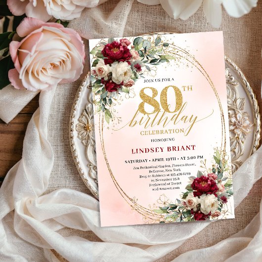 Modern Burgundy Blush Floral 80th Birthday Invite Einladung