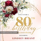Modern Burgundy Blush Floral 80th Birthday Invite Einladung