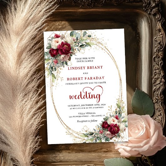 Modern Burgundy Boho Floral Wedding Invitation Einladung