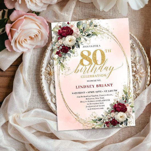 Modern Burgundy Boho Flowers 80th Birthday Invite Einladung