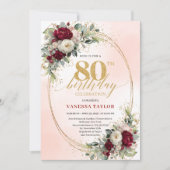 Modern Burgundy Boho Flowers 80th Birthday Invite Einladung (Vorderseite)