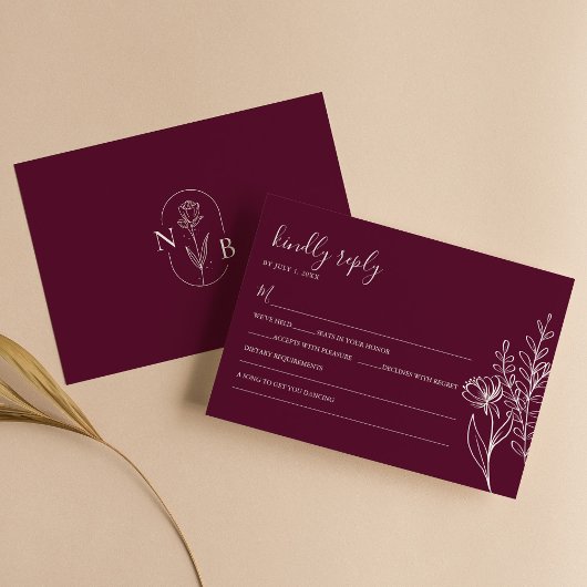 Modern Burgundy Boho Wedding Simple Elegant RSVP Karte