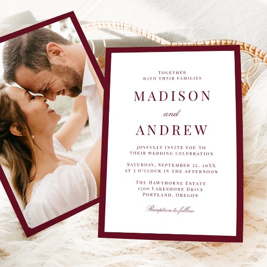 Modern Burgundy Border Photo Wedding Einladung