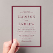 Modern Burgundy Border Wedding Acryleinladungen (Insitu (Handheld))