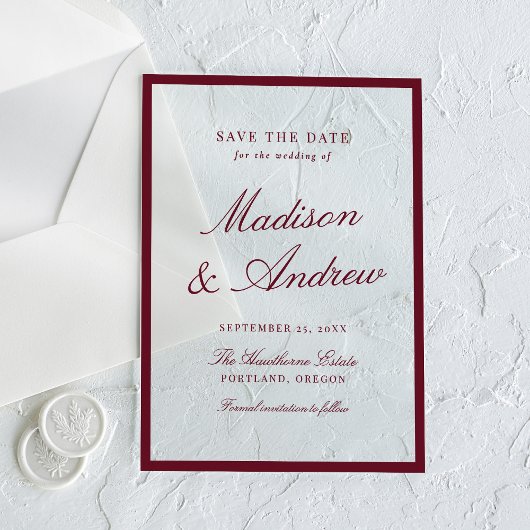 Modern Burgundy Border Wedding Save the Date Acryleinladungen