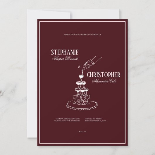 Modern Burgundy Champagne Tower Wedding Invitation Einladung (Vorderseite)
