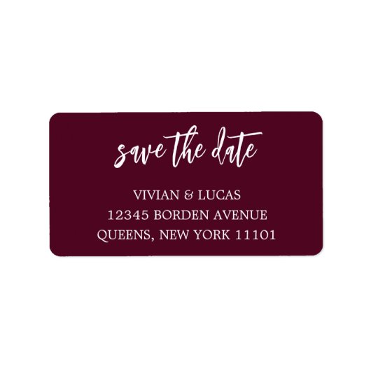 Modern Burgundy Chic Script Save the Date Adressaufkleber (Vorne)