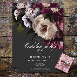 Modern Burgundy & Cream Peonies Black Birthday Einladung
