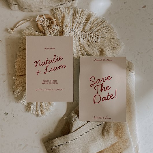 Modern Burgundy Cream Whimsical Unique Wedding  Save The Date