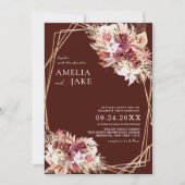 Modern Burgundy Floral Gold Geometric Wedding Einladung (Vorderseite)