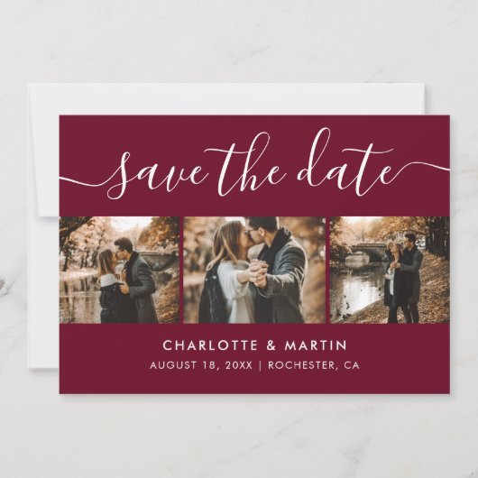 Modern Burgundy Foto Collage Save the Date (Vorderseite)