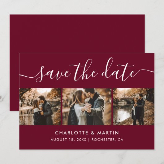 Modern Burgundy Foto Collage Save the Date (Vorne/Hinten)