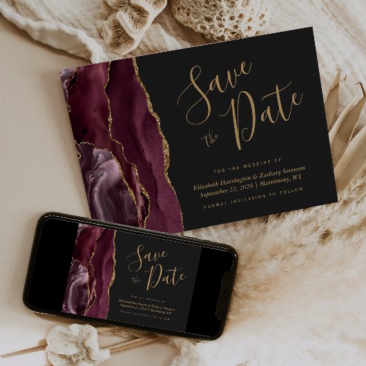 Modern Burgundy Gold Agate Dark Save the Date Card Einladung