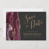 Modern Burgundy Gold Agate Dark Save the Date Card Einladung (Vorderseite)