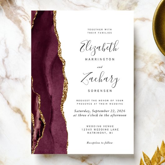 Modern Burgundy Gold Agate Hochzeitseinladung Einladung