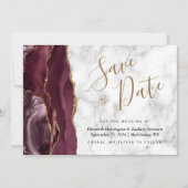 Modern Burgundy Gold Agate Marble Save the Date Einladung (Vorderseite)