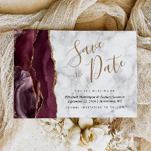 Modern Burgundy Gold Agate Marble Save the Date