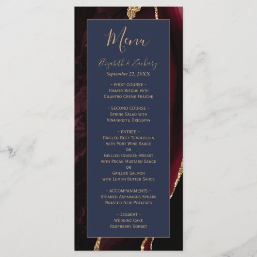 Modern Burgundy Gold Agate Navy Blue Wedding Menu Menükarte (Vorderseite)