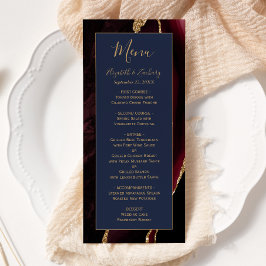Modern Burgundy Gold Agate Navy Blue Wedding Menu Menükarte