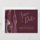 Modern Burgundy Gold Agate Save the Date Card Einladung (Vorderseite)