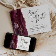 Modern Burgundy Gold Agate Save the Date Card