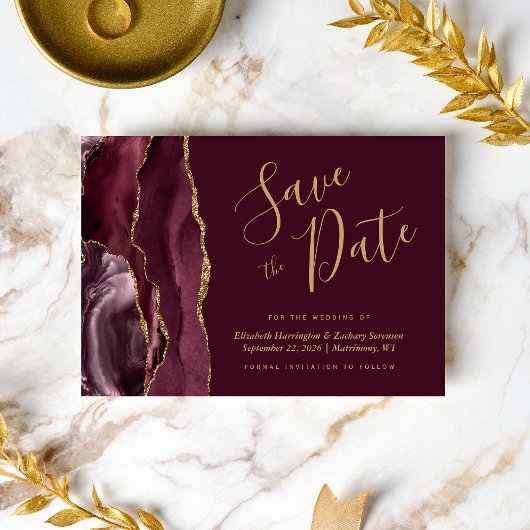 Modern Burgundy Gold Agate Save the Date Card Einladung