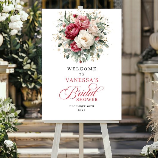 Modern Burgundy Gold Floral Bridal Shower Welcome Poster
